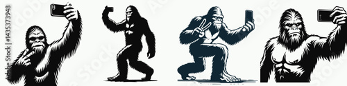 Bigfoot Taking a selfie. Sasquatch cartoon clipart. Cryptid self-portrait elusive hairy hominid snaps photo of visage.