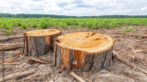 Stumps in Deforestation: A poignant image showcasing two freshly cut tree stumps stand as silent witnesses to the environmental impact of deforestation against a backdrop of replanted saplings.