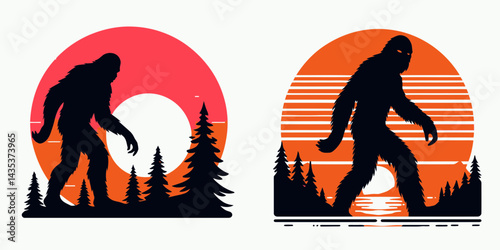 Bigfoot sunset. Sasquatch cartoon clipart. Mythical creature silhouette twilight horizon view cryptozoology adventure.