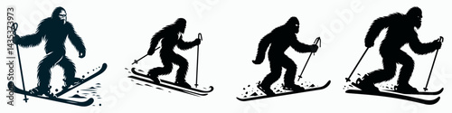 Bigfoot ski on snow. Sasquatch cartoon clipart. alpine slide over ground ice legendary primate extreme winter sport.