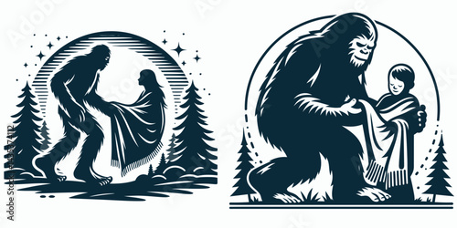 Bigfoot Sharing a Blanket. Sasquatch cartoon clipart. Cryptic hominid toasting comfort beneath coverlet warm companionship tale.