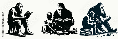 Bigfoot Reading together. Sasquatch cartoon clipart. enjoying storybook during group time woodland creature literacy moment.
