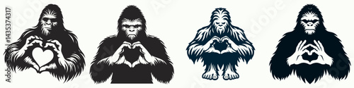 Bigfoot Making a heart shape with hands together. Sasquatch cartoon clipart. forming affection symbol digit union creative gesture cryptic ape.