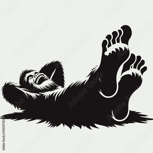 Bigfoot lying down on back Laughing Together. Sasquatch cartoon clipart. reclining supine chortling jointly humor amusement big primate joke.