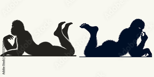 Bigfoot lying yoga poses. Sasquatch cartoon clipart. prone asana posture sequence mythical being relaxation exercise.