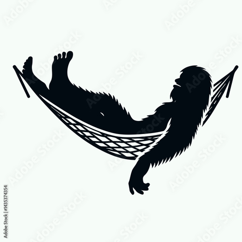 Bigfoot Laying on a hammock. Sasquatch cartoon clipart. Cryptid resting relaxed ape man lounging at easy rope-hung outdoor bed.