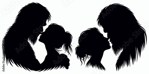 Bigfoot Intimate Forehead Kiss. Sasquatch cartoon clipart. Cryptid affection gentle brow press wild man tender touch mystic moment.