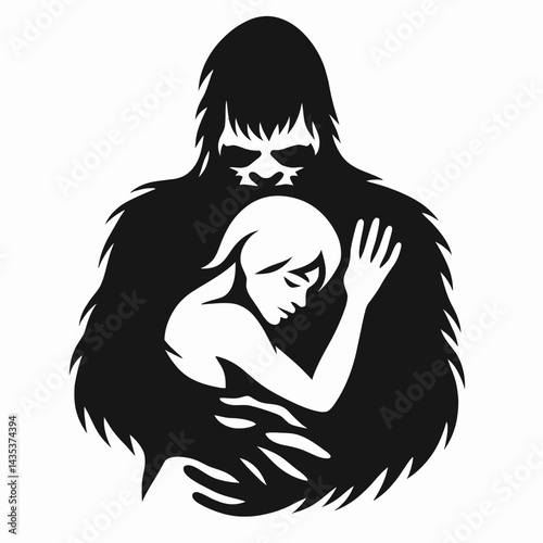 Bigfoot Hugging from Behind. Sasquatch cartoon clipart. Hairy hominid embrace rear cryptozoology concept woodland mystery.
