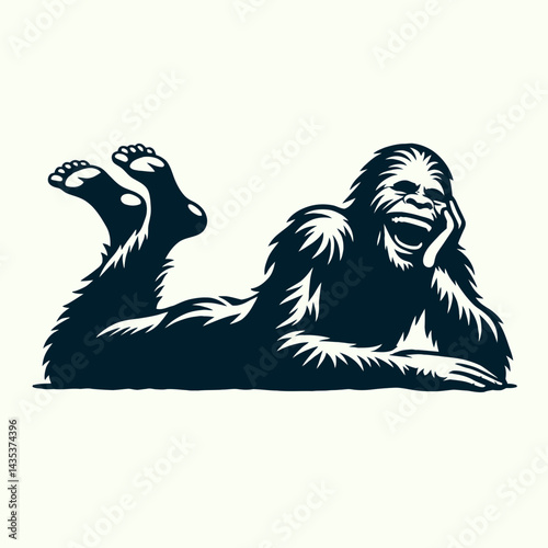 Bigfoot lying down on stomach Laughing Together. Sasquatch cartoon clipart. Enormous hairy hominid resting prone giggling jointly in amusement.