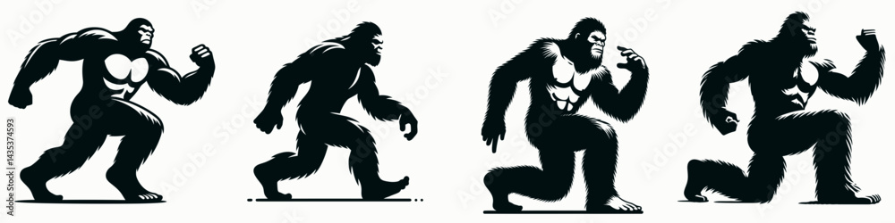 Fototapeta premium Bigfoot Exercising. Sasquatch cartoon clipart. Legendary primate fitness workout routine woodland creature cardio training.