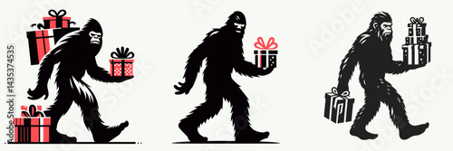 Bigfoot Gift Exchange. Sasquatch cartoon clipart. Cryptic creature present swap a woodland holiday celebration for squatch lovers.
