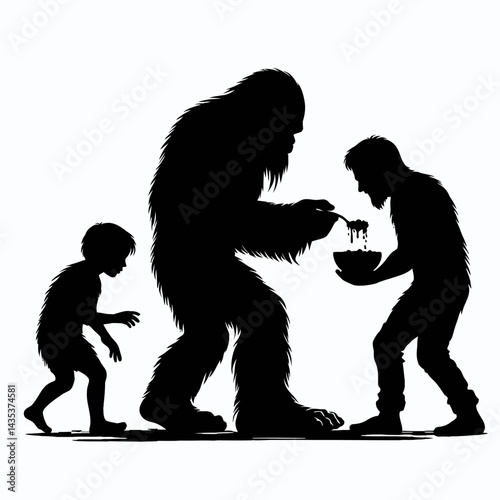 Bigfoot Feeding each other. Sasquatch cartoon clipart. Gigantic hominid providing sustenance mutual care within primate kin group.