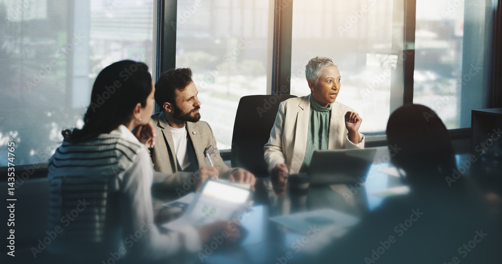 Discussion, group and mature woman with laptop, team and planning for financial growth in business. Corporate, accountant and monitoring performance with charts, people and info for productivity