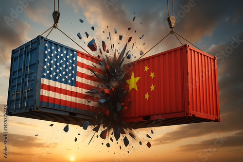 Trade war concept with cargo containers painted with flags of united states and china crashing against dramatic sky