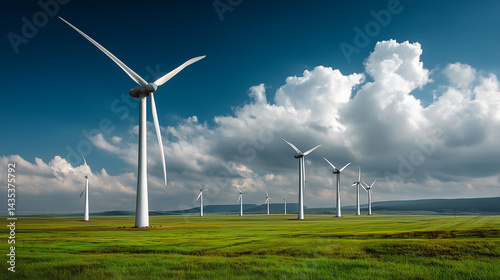 Wallpaper Mural Group of wind turbines spinning on a vast green field, clear summer sky above, sustainable rural landscape, peaceful and futuristic energy scene Torontodigital.ca
