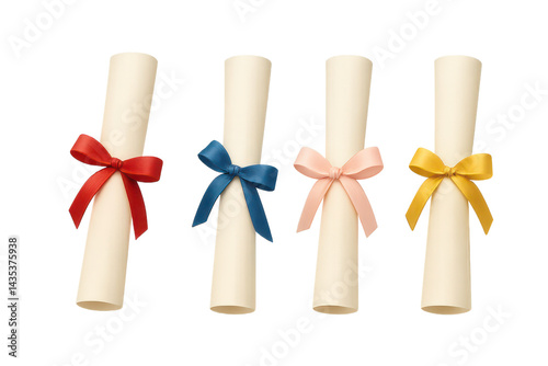 Four rolled diplomas with colorful ribbons on transparent background