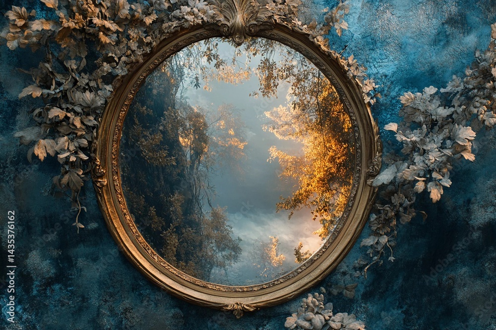 Fototapeta premium Unique view through tree bark showcasing a quiet lake reflecting autumn foliage and dramatic clouds at sunset