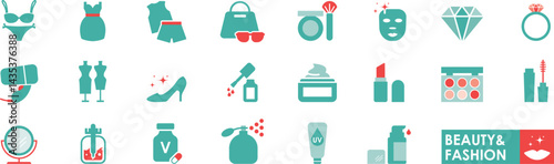 Beauty and fashion icons set in solid style, contain fashion, cosmetics, makeup, jewelry, clothing, and more
