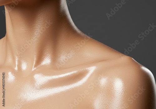 Close-up of a smooth, dewy shoulder and neck, highlighting healthy, glowing skin in detail.