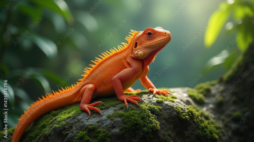 Fototapeta premium Vibrant Orange Lizard on Mossy Rock Surrounded by Lush Green Forest Under Soft Sunlight