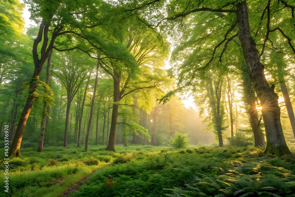 Naklejka premium Serene Forest Scene with Lush Greenery, Golden Morning Light, and Dappled Forest Floor