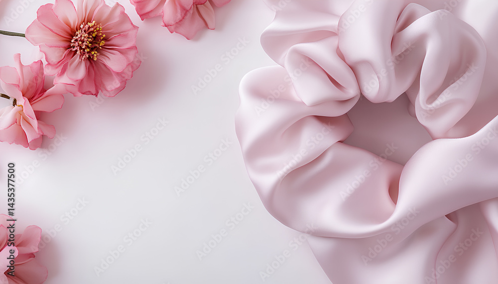 Obraz premium Hair scrunchie as hair tie in beautiful pastel pink color made out of satin fabric with white background, so elegant and fashionable. A great hair tie accessory for girls and women