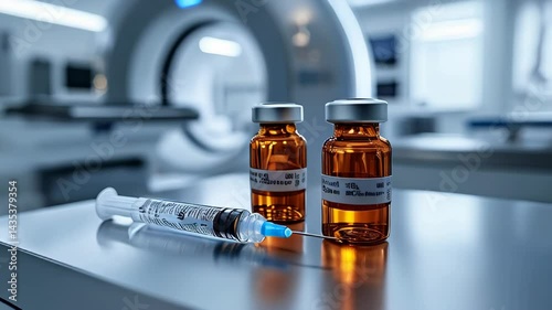 Wallpaper Mural In a high-tech clinic, medical vials and a syringe are prepared on a sleek surface, showcasing the importance of accurate medication delivery in patient care and treatment procedures. Torontodigital.ca