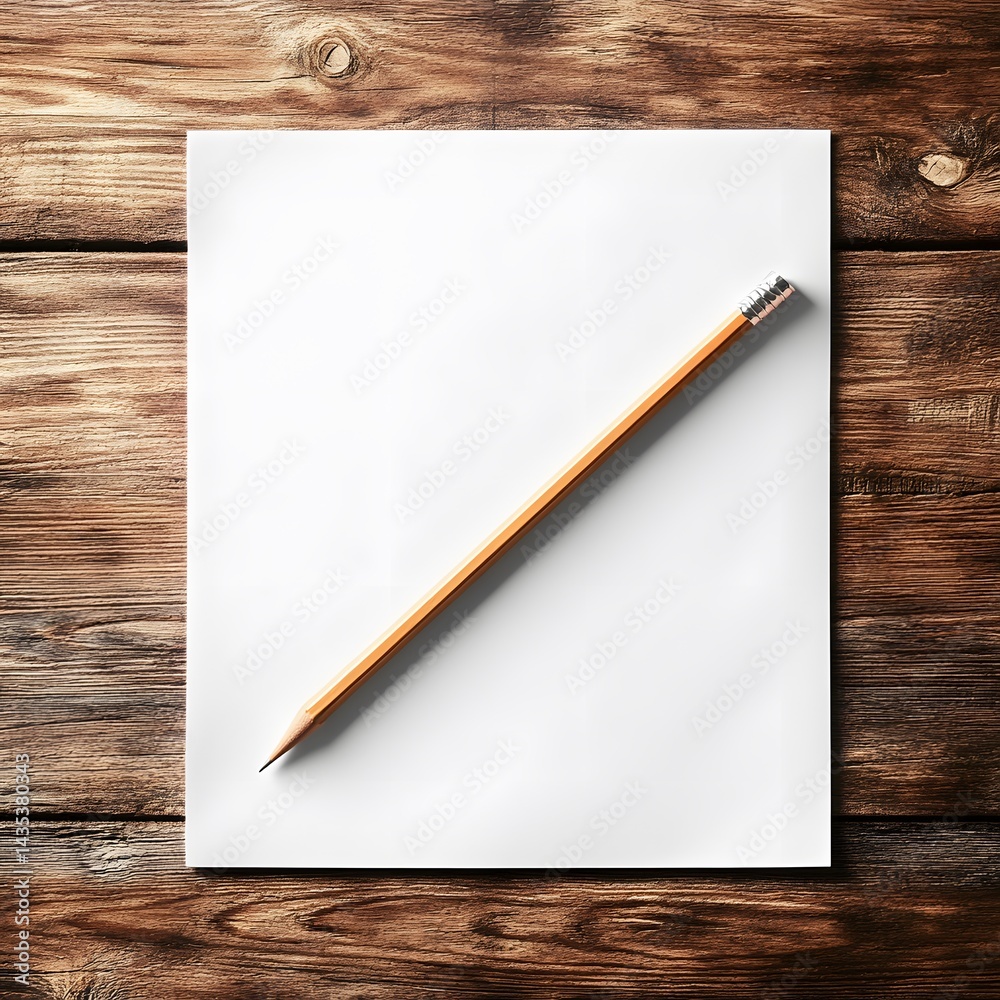 Blank Paper Sheet with Pencil on Wooden Tabletop Blank Paper Sheet with Pencil on Wooden Tabletop