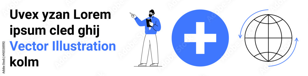 Person holding clipboard, bold plus sign, globe with arrows symbolizing collaboration, growth, and global impact. Ideal for healthcare, teamwork, education, technology sustainability strategy Person holding clipboard, bold plus sign, globe with arrows symbolizing collaboration, growth, and global impact. Ideal for healthcare, teamwork, education, technology sustainability strategy