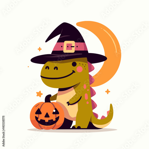 T rex wear witch hat in halloween silhouette casts spooky shadows, embodying prehistoric fright this season