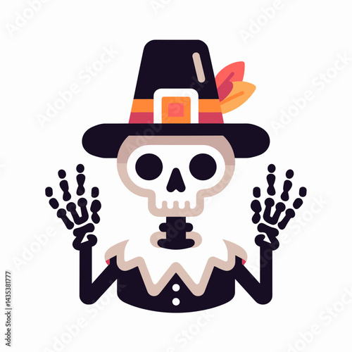 Skeleton wear pilgrim hat in thanksgiving shadowy figure celebrates autumn's quirky, macabre harvest feast.
