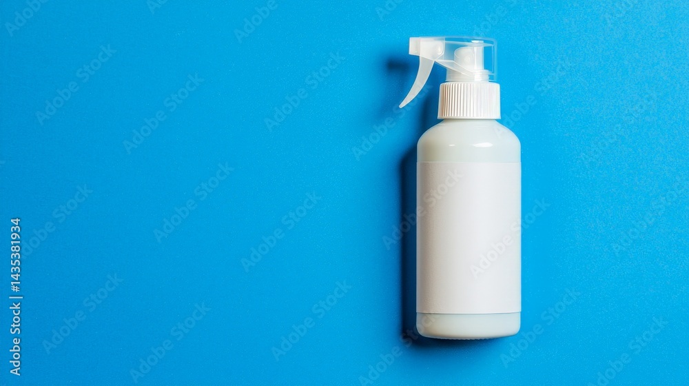 A sleek, white spray bottle sits against a vibrant blue background, showcasing a minimalist design perfect for various liquid contents.