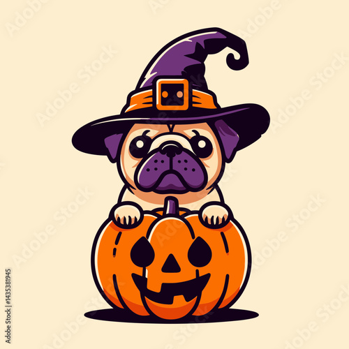 Pug Dog wear witch hat in halloween silhouette haunts playfully, a spooky canine conjuring autumn magic.