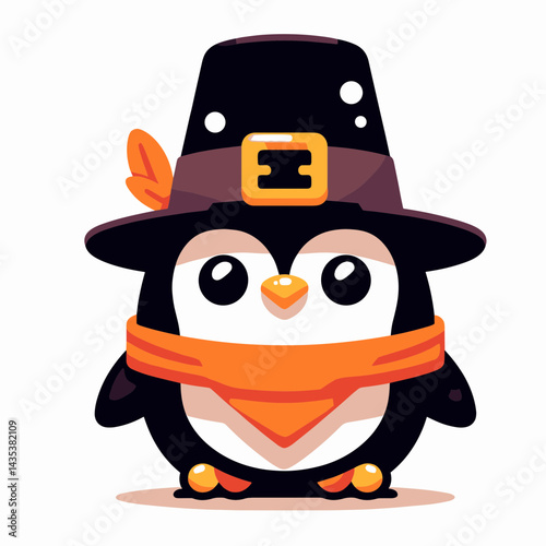 Penguin wear pilgrim hat in thanksgiving silhouette, happy flightless bird celebrates harvest.