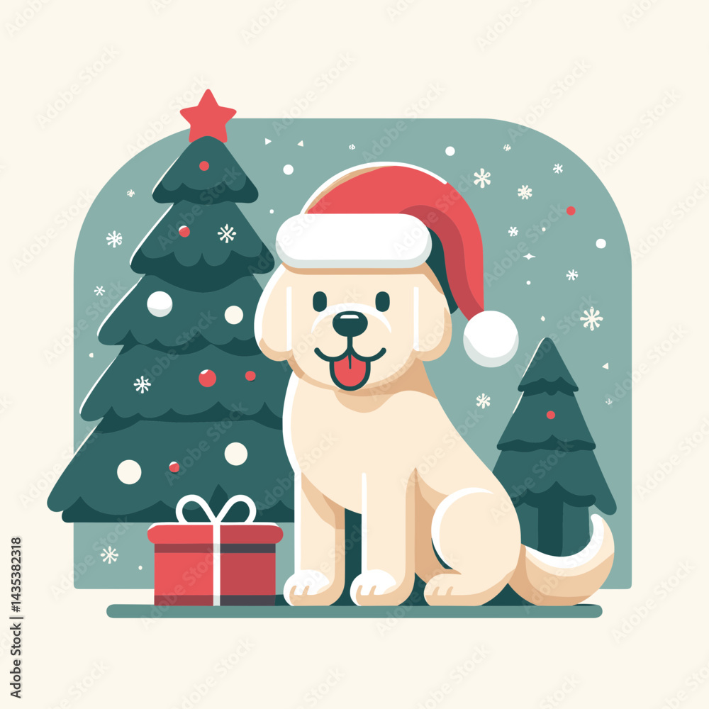 Labrador Retriever Dog wear santa hat chrismas tree silhouette enjoys the yuletide season cheer with holiday spirit glow.
