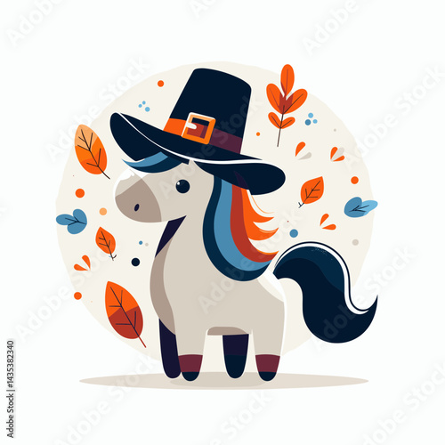 Horse wear pilgrim hat in thanksgiving silhouette, imagine equestrian elegance celebrating harvest's grace.