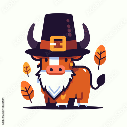 Highland Cow wear pilgrim hat thanksgiving silhouette. A bovine in harvest garb, a charming autumn doodle.
