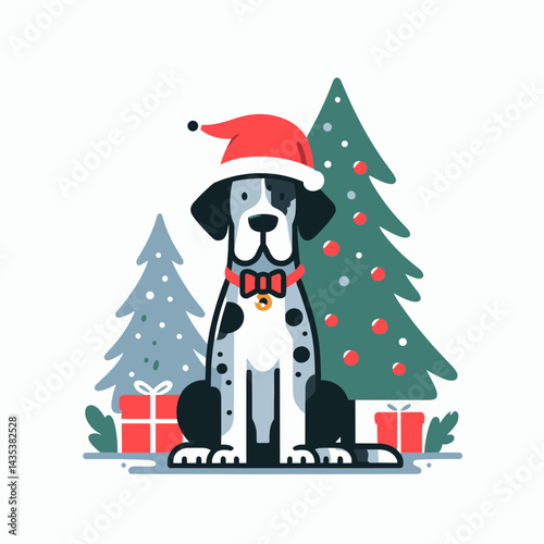 Great Dane Dog wear santa hat in front of christmas tree silhouette, a festive canine companion awaits gifts under the twinkling lights.