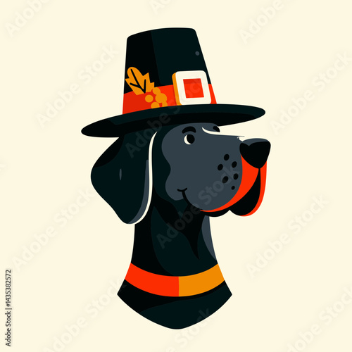 Great Dane Dog wear pilgrim hat in thanksgiving silhouette, a thankful canine’s simple autumn joy drawing.