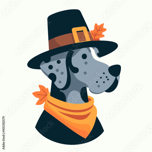Great Dane Dog wear pilgrim hat in thanksgiving doodle; autumnal canine joy celebrates the harvest feast.