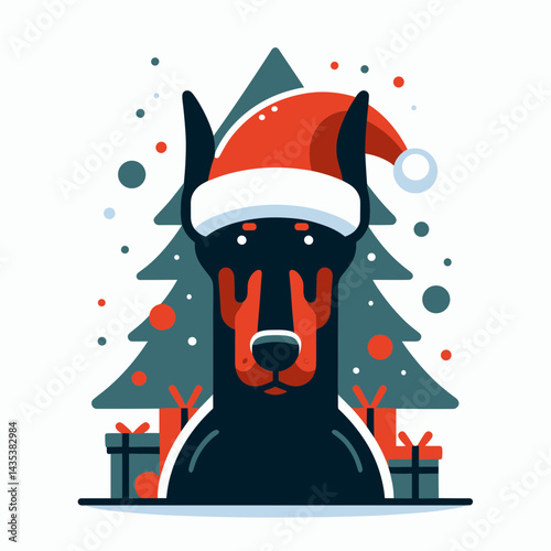Doberman Pinscher Santa hat Christmas tree silhouette anticipates holiday treats with festive cheer.