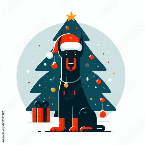 Doberman Pinscher wears santa hat, tree silhouette watches eagerly, anticipating festive treats near fireplace.