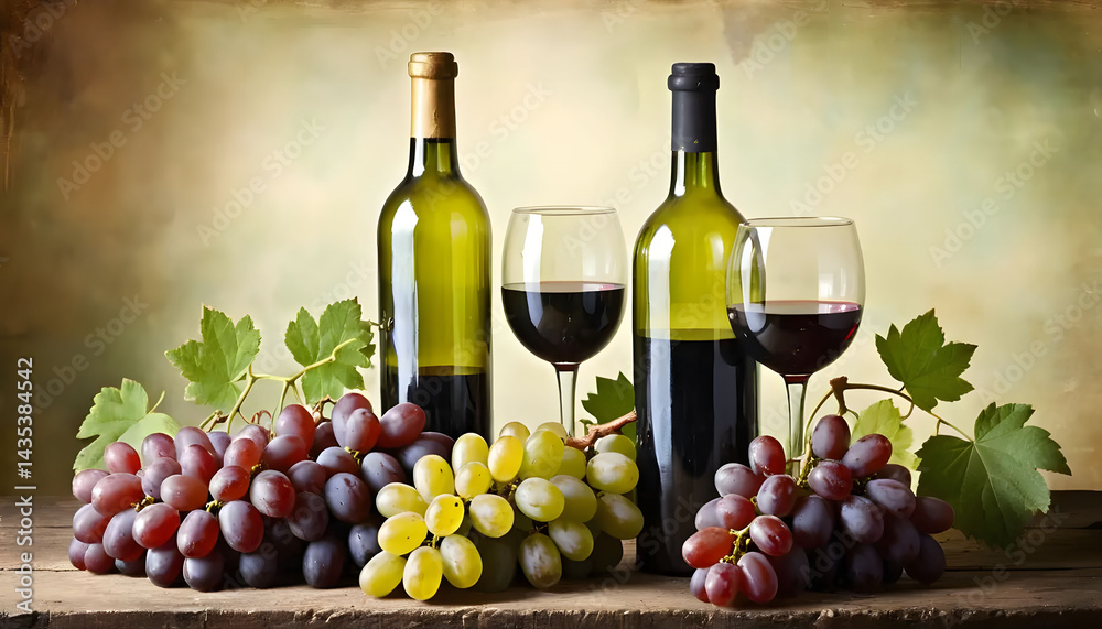 Obraz premium Still Life of Vintage Wine Bottle with Grapes on Rustic Table