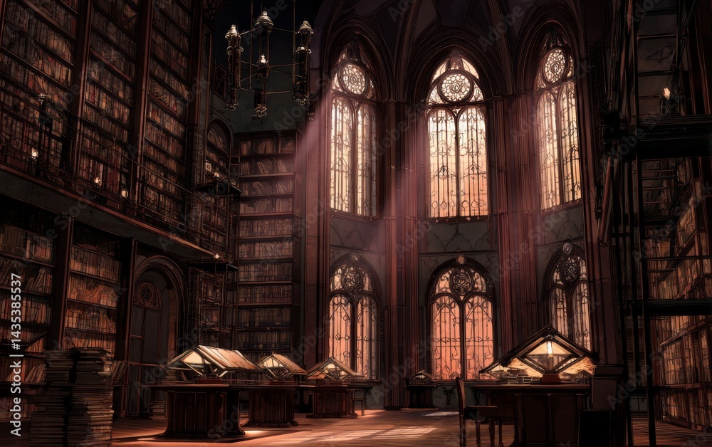 Fototapeta premium circular library from antiquity, its concentric shelves radiating outward like a mandala, scholars studying at stone desks