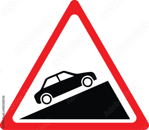 warning traffic sign indicating steep incline ahead, car going uphill symbol, road safety caution board