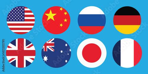 Flags of Major World Powers of the USA, China, Russia, Germany, UK, Australia, Japan, and France.
