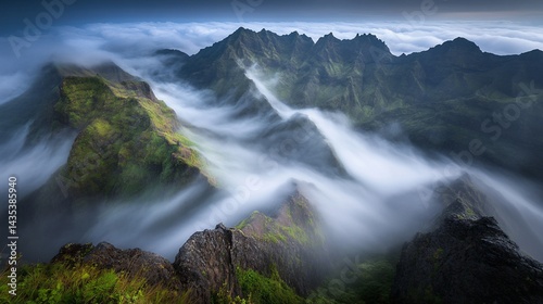 Misty mountain peaks, vibrant green landscape