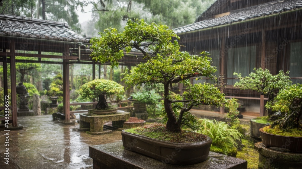 Curated bonsai collection in a zen garden during spring rain, each tree showcasing different seasonal colors from crimson maples to emerald pines Curated bonsai collection in a zen garden during spring rain, each tree showcasing different seasonal colors from crimson maples to emerald pines