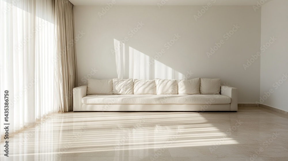 Fototapeta premium Light streams across a modern living room with a white couch