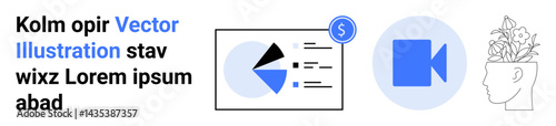 Data analysis charts with pie graph, video recorder icon, and a creative human profile with blooming plants. Ideal for analytics, video production, creativity, marketing, technology, finance simple Free Download Data analysis charts with pie graph, video recorder icon, and a creative human profile with blooming plants. Ideal for analytics, video production, creativity, marketing, technology, finance simple - GFXLoad